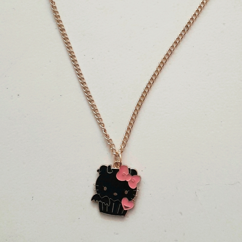Black & Pink Enamel Kitty Necklace